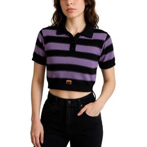FB COUNTY Classic Crop Stripe Knit Polo‎ Shirt XS Purple Black Y2K Streetwear